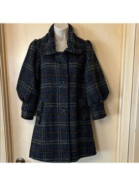 Anthropologie hazel Navy and Green Plaid Tweed Swing Coat size S